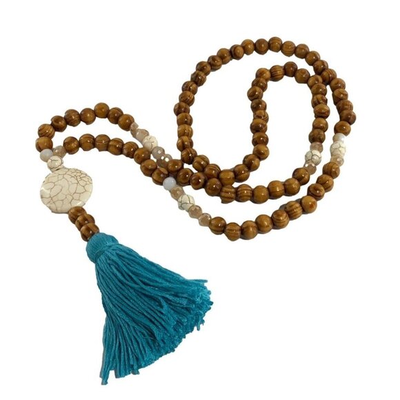 Bohemian Long Wooden Bead Necklace With Blue Tassel & Stone Pendant - Picture 3 of 4